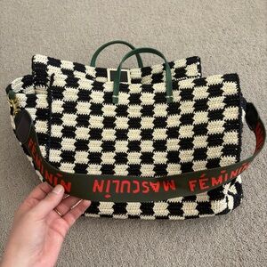 Clare V Summer Simple Tote in Black & Cream Crochet Checkers